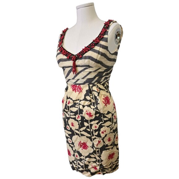 Nanette Lepore Linen & Silk Shift Dress Beaded Floral Brunch Sleeveless Party 0 - Picture 2 of 13